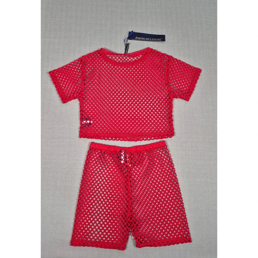 American Leisure Women's Red Mesh Two Piece Set Crop Top Shorts Size S NWT